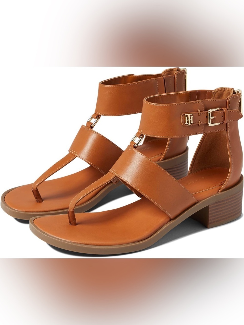 Sz 7 Tommy Hilfiger Tan Leather Block Heel Sandals